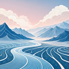 Serene Blue Mountainscape Line Art Composition, Abstract River, Peaceful Landscape, Digital Illustration landscape art, digital painting