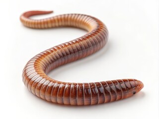 Naklejka premium S-Shaped Earthworm Macro Photography, Close-up, White Background, Segmented Body, Earthworm Anatomy Earthworm, Macro photography