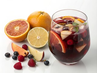 Refreshing Fruit Sangria in Glass High-Angle Close-up, Red Wine, Citrus, Berries, Sangria Recipe, Summer Drink Sangria, Summer Drink