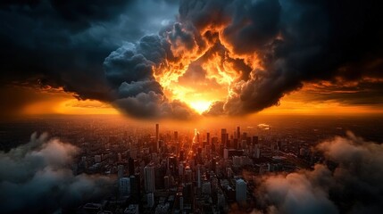 Fototapeta premium A stunning aerial view of a city beneath a dynamic sunset, bathed in vibrant colors that evoke a sense of wonder, capturing the urban landscape amidst a spectacular display of nature.