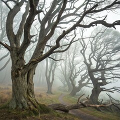Misty Forest Path Winding Trail Through Ancient Trees, Landscape Photography, Nature Concept Keywords Forest, Landscape