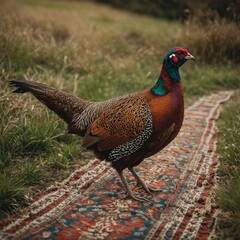 A pheasant walking gracefully on a patterned rug in a country home.
