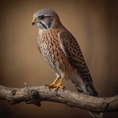 A kestrel perched on a rustic branch stand in a warm, cozy room.