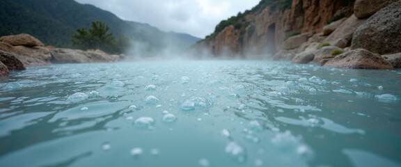 Bubbling hot springs surrounded by rocky terrain and mist, conveying a serene and tranquil atmosphere of relaxation and natural beauty