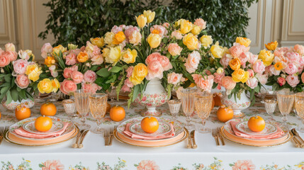 Elegant spring wedding table setting with pastel flowers and oranges.