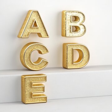 Gold Glitter Letters A-E 3D Render, Alphabet, Typography, Luxury gold lettering, 3d rendering