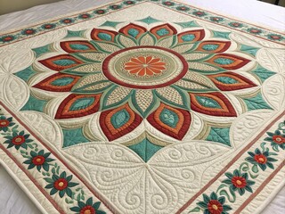 Obraz premium Floral Mandala Quilt AppliquÃ©, Free-Motion Quilting, Teal and Red, Quilt Design Quilt, AppliquÃ©