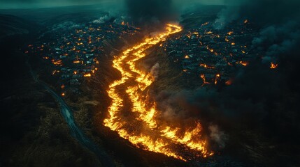 Obraz premium Aerial view of a landscape engulfed in flames, showcasing a wildfire's destructive path.