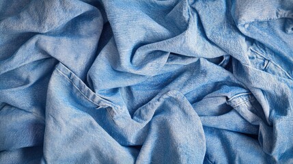 Fototapeta premium Denim background. Variety of crumpled blue jeans. Top view to stack of jeans denim
