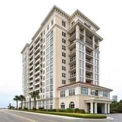 Fototapeta premium Elegant High-Rise Building Exterior, Architectural Photography, Classical Design, Coastal Condo, Beachfront Property Condo, Architecture