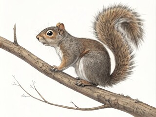Obraz premium Eastern Gray Squirrel on Branch Pen and Ink Detailed Illustration, Wildlife Art, Nature Concept Squirrel, Wildlife Illustration
