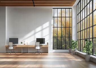 Minimalist Modern Office Interior Design Featuring Ergonomic Desks and Bright Natural Light
