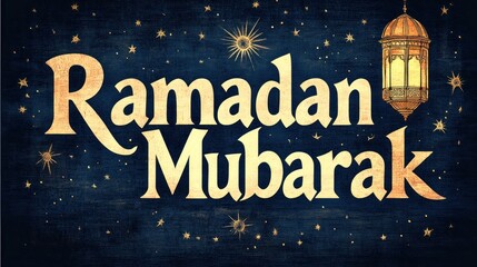 A vintage-style Ramadan greeting with elegant gold lettering, stars, and a hanging lantern. Ideal for social media posts, greeting cards, or website banners.