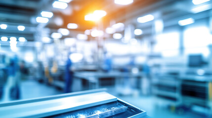 Blurred background of an electronic factory with workers and equipment in the foreground
