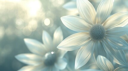 Fototapeta premium Closeup of beautiful delicate white daisy flowers blossoming in a serene natural garden or meadow setting with soft lighting creating a peaceful tranquil and ethereal atmosphere
