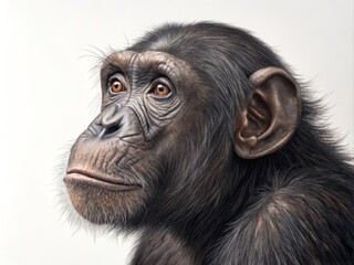 Naklejka premium Chimpanzee Portrait Graphite Drawing, Detailed Fur, Pensive Expression, Wildlife Art Chimpanzee, primate