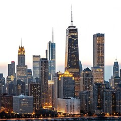 Naklejka premium Chicago Skyline at Dusk Wide Composition, Illuminated Buildings, Urban Landscape, Cityscape, Architecture Chicago, Skyscrapers