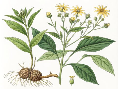 Botanical Illustration Yellow Flower, Tuberous Root, Watercolor Painting, Detailed Plant Anatomy, Silphium perfoliatum. Silphium, Botanical Art