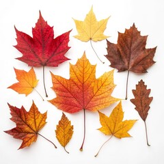 Obraz premium Autumn Maple Leaf Composition Red, Yellow, Brown Fall Foliage, Flat Lay, White Background. Autumn leaves, fall colors