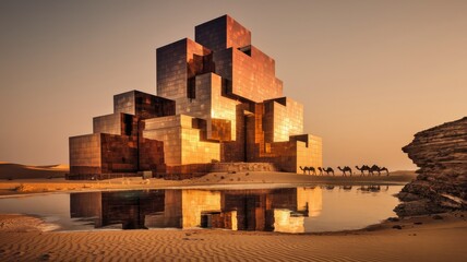 A stunning architectural marvel in a desert setting, reflecting golden hues at sunset, with camels elegantly traversing the sandy landscape.