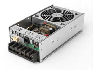 Fototapeta premium 3D Render Open Power Supply Unit, Circuit Board, Cooling Fan, Electronic Components, isometric view Power Supply, 3D rendering