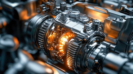 Obraz premium Detailed 3D rendering of a car internal combustion engine including power, ignition, cooling, lubrication and exhaust systems, crank and gas distribution mechanism