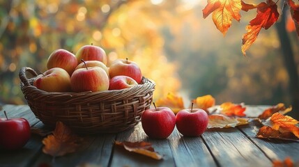 Cozy Autumn Still Life with Woven Basket of Fresh Apples Pumpkins and Colorful Leaves