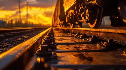 Detailed view of railcar coupling on a track during golden hour