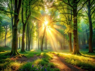 Naklejka premium Mystical sunlight streams through ethereal trees, illuminating a magical forest glade.