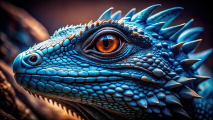 Fototapeta premium Mythical blue dragon's head, intensely detailed; fantasy photography, surreal artistry.