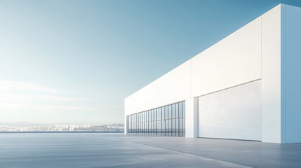 A modern white warehouse exterior, with large windows on the right side of the frame, a clean concrete floor