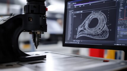 High precision cnc milling machine is creating a metal object based on a complex cad blueprint displayed on a computer monitor in a modern factory