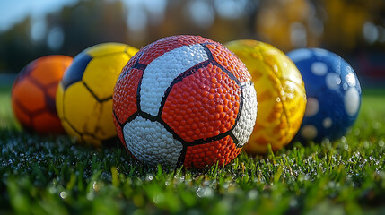 Colorful soccer balls on dewy grass.