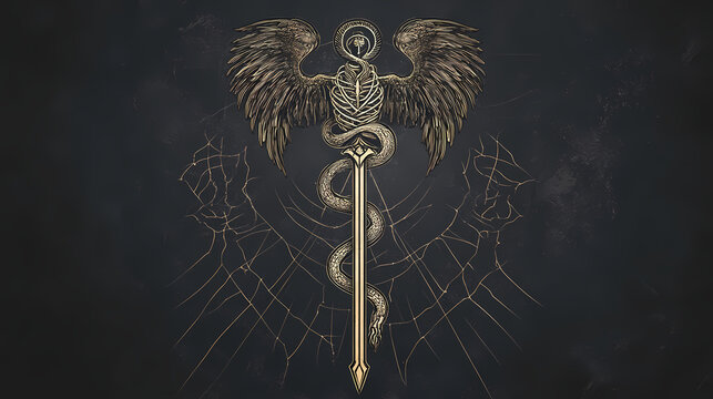 Logo medizin heilkunde mit asklepios stab freigestellt. Mistweave. Illustration