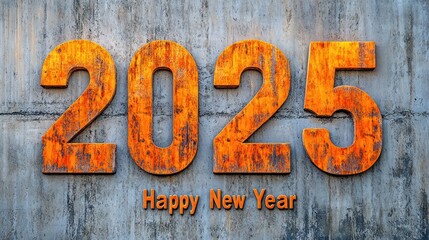 Rusty orange 2025 on a gray concrete wall with the message "Happy New Year" below. Great for New Year's greetings and industrial-themed designs.