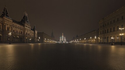Fototapeta premium Quiet Night in Moscow's Red Square Capturing the Architectural Beauty of Historic Building Surrounded by Soft Light and Empty Streets Under a Starry Sky