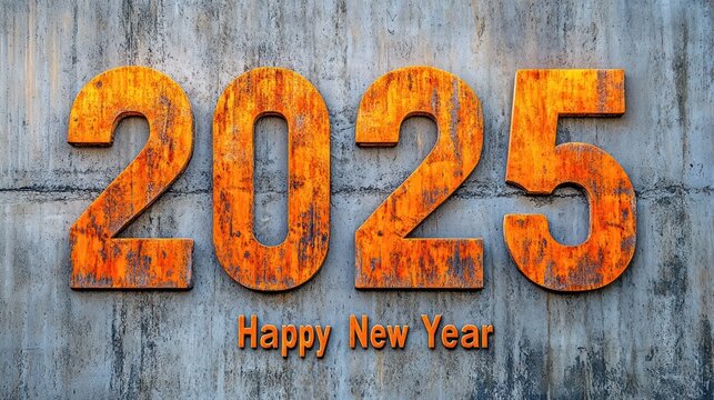 Rusty orange 2025 on a gray concrete wall with the message "Happy New Year" below. Great for New Year's greetings and industrial-themed designs.