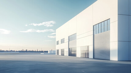 A modern white warehouse exterior, with large windows on the right side of the frame, a clean concrete floor