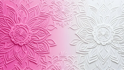 Elegant pink and white embossed mandala pattern background, perfect for feminine designs, websites, or branding.