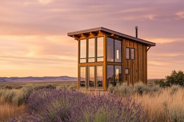 Unique wooden cabin stands amidst blooming lavender fields at sunset in a serene landscape surrounded by rolling hills and colorful skies