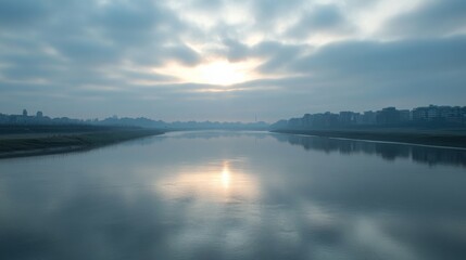 Serene Morning by the River with Soft Clouds and Reflective Water, Capturing the Beauty of Nature's Tranquility at Sunrise
