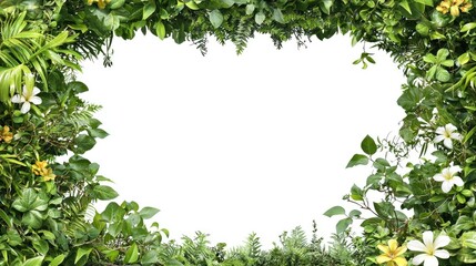 A lush green frame of leaves and flowers surrounding a blank space for text or images.