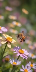 A honeybee in flight above vibrant wildflowers, bright,texture