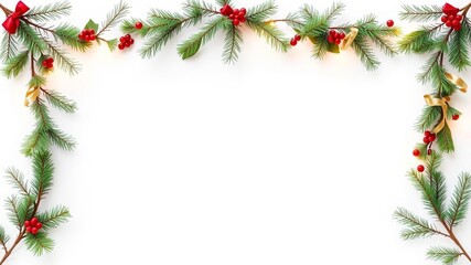 Seamless pattern of Christmas tree branches border frame on white background with copy space and garland decoration, white background, tree