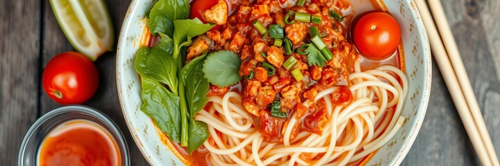 Rice noodle mixed with spicy tomatoes sauce, traditional Tai Yai food from northern Thailand, meal, noodles