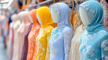 A vibrant row of mannequins displays a collection of elegant modest dresses. Perfect for fashion retailers showcasing traditional or culturally inspired clothing.