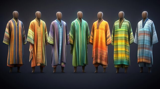 Seven vibrant striped djellabas on mannequins. Perfect for showcasing traditional or stylized clothing in games or historical visualizations.