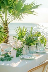 Beachside birthday table under the bright sun surrounded by tropical greenery