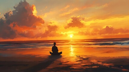 A peaceful scene of a person meditating on a beach at sunset, contemplating the balance between life goals and inner peace