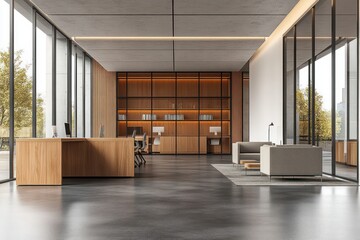 Naklejka premium Modern Open Office Space with Concrete Desks and Wooden Cabinets Featuring Large Glass Windows and Minimalist Design